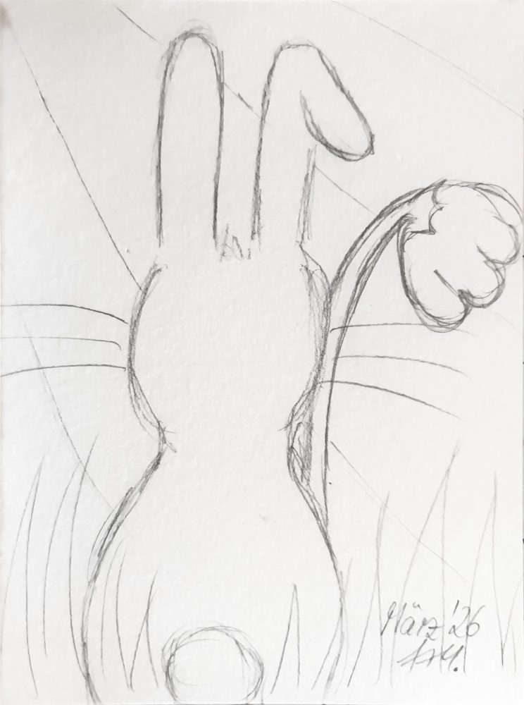 Bleistiftskizze eines Osterhäschens von hinten mit Blume und Gras