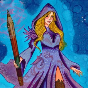 Fertig kolorierte Bleistiftmagierin mit blondem Haar, violetter Kapuze und großem Bleistift