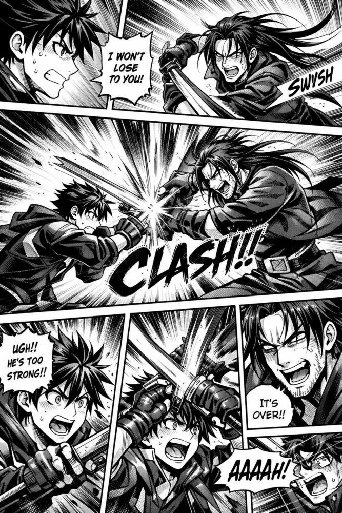 Sora KI generiert: Dynamische Manga-Szene