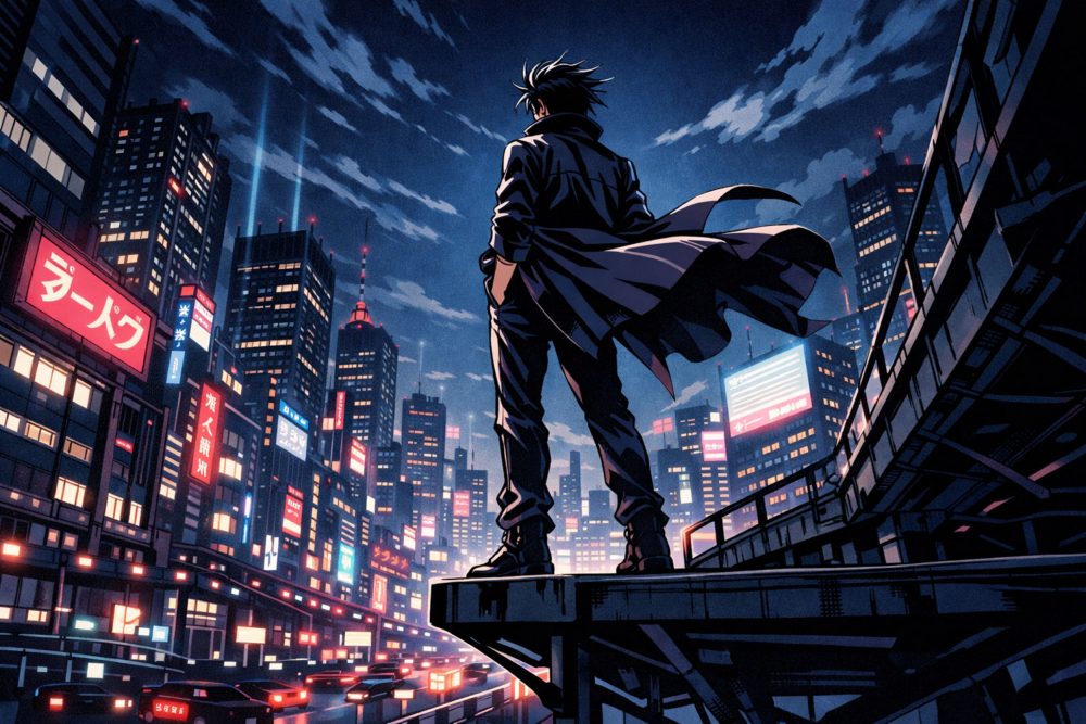 Sora KI generiert: Manga Stadt bei Nacht