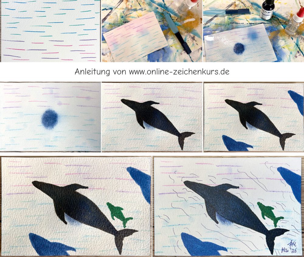 Postkarte: Walfamlie von oben mit Aquarell Schritt für Schritt Entstehung