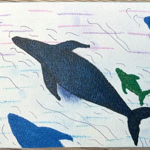 Postkarte: Walfamlie von oben mit Aquarell gemalt