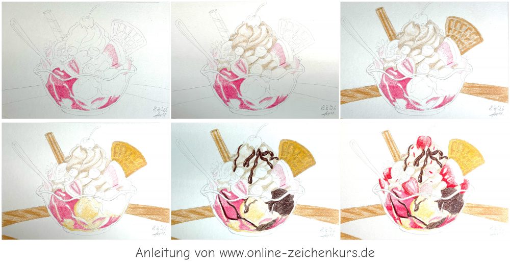 Eisbecher malen mit Buntstiften - Kolorierung WiP 1