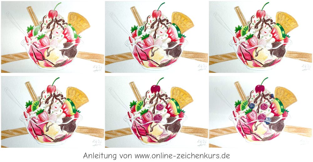Eisbecher malen mit Buntstiften - Kolorierung WiP 2