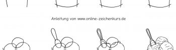 Handgezeichnetes Schritt für Schritt Tutorial zum Eiscreme im Pappbecher zeichnen mit Becher, mehreren Eiskugeln, Löffel und einfachen Eisstrukturen.