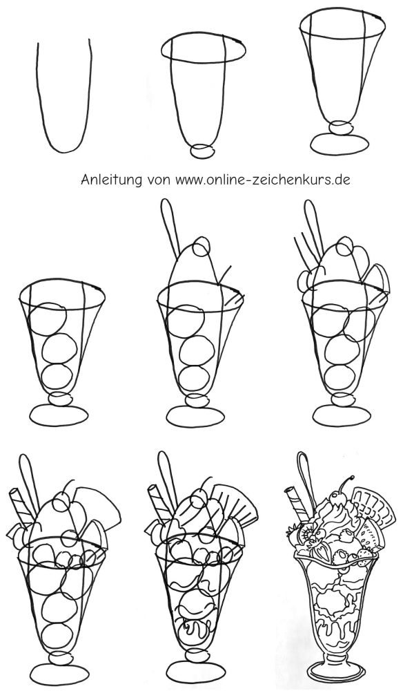Handgezeichnetes Schritt für Schritt Tutorial zum Eiscreme im hohen Glas zeichnen mit Glasfuß, Eiskugeln, Waffeln, Löffel, Früchten und Toppings.