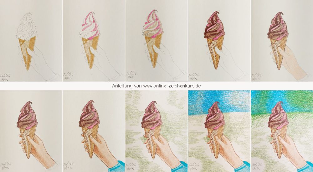 Fertige Buntstiftkolorierung einer Hand mit Eiscreme im Hörnchen vor grüner Wiese und blauem Himmel, mit Schoko Erdbeer Softeis und Waffelmuster.