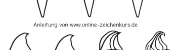 Handgezeichnete Anleitung zum Eishörnchen mit Softeis zeichnen mit Waffeltüte, Karomuster und cremig geschwungener Softeis Spitze.