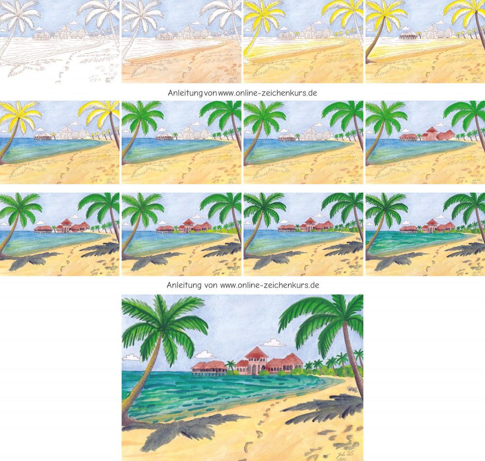 Tropische Insel Aquarellmalerei als WiP Zusammenstellung mit Malediven Strand, Palmen, türkisfarbenem Meer, roten Dächern und einzelnen Kolorierungsschritten.