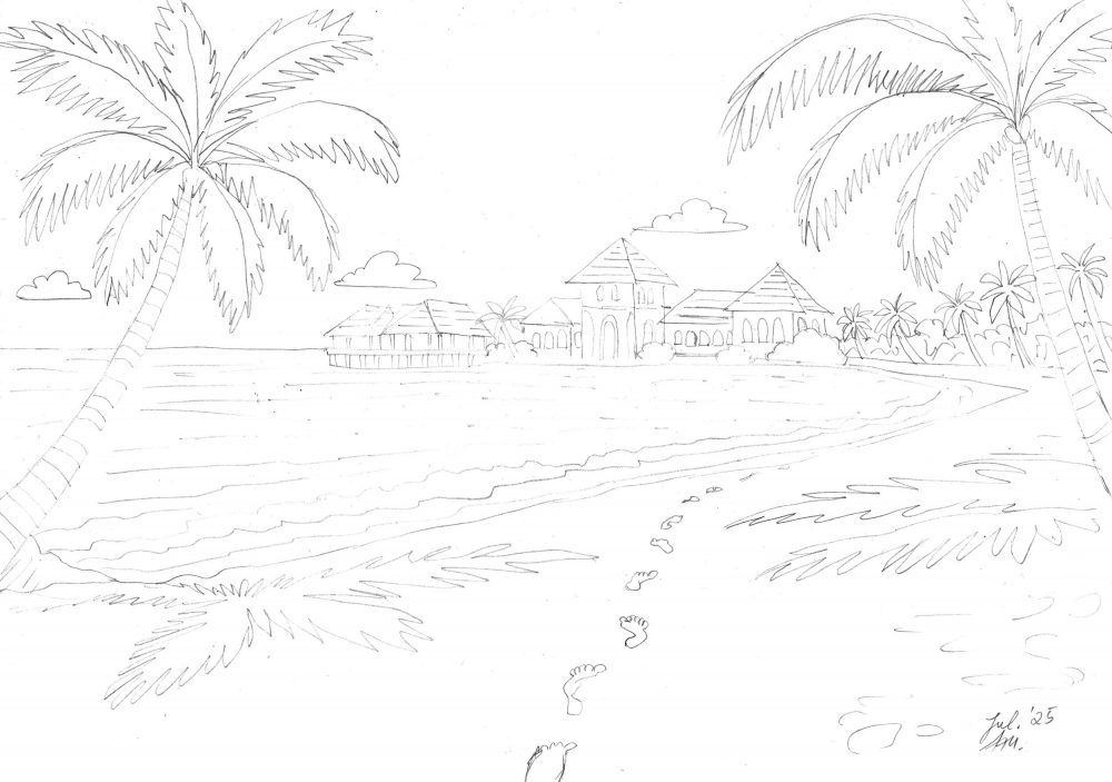 Bleistiftskizze einer tropischen Insel mit Palmen, Strand, Meer, Fußspuren, Wolken und Gebäuden als Vorzeichnung für eine Malediven Aquarellmalerei.