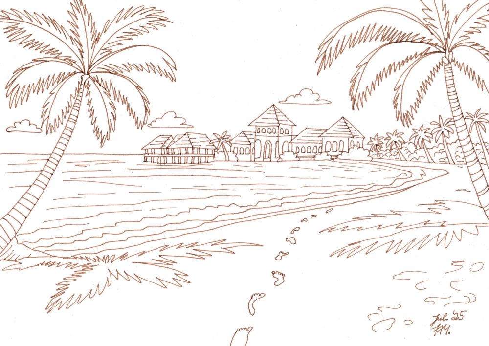 Finelinerskizze einer tropischen Insel mit Palmen, Strand, Meer, Fußspuren und Inselgebäuden als klare Linienzeichnung für eine Aquarellkolorierung.