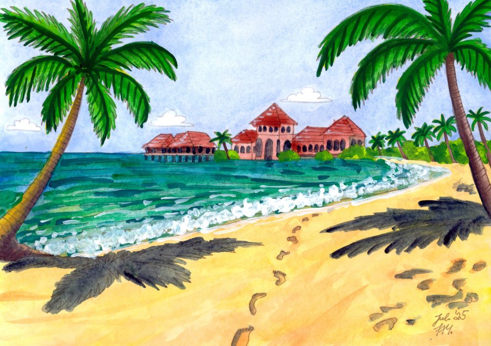Fertige tropische Insel Aquarellmalerei mit Malediven Strand, Palmen, türkisfarbenem Meer, Wellen, Fußspuren, roten Dächern und sonniger Urlaubsszene.