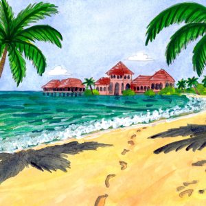 Fertige tropische Insel Aquarellmalerei mit Malediven Strand, Palmen, türkisfarbenem Meer, Wellen, Fußspuren, roten Dächern und sonniger Urlaubsszene.