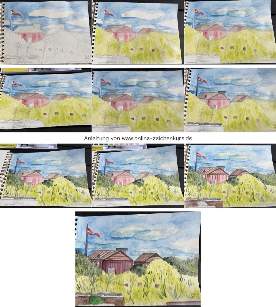 Dänemark Dünen Aquarell_Kolorierung-WiP