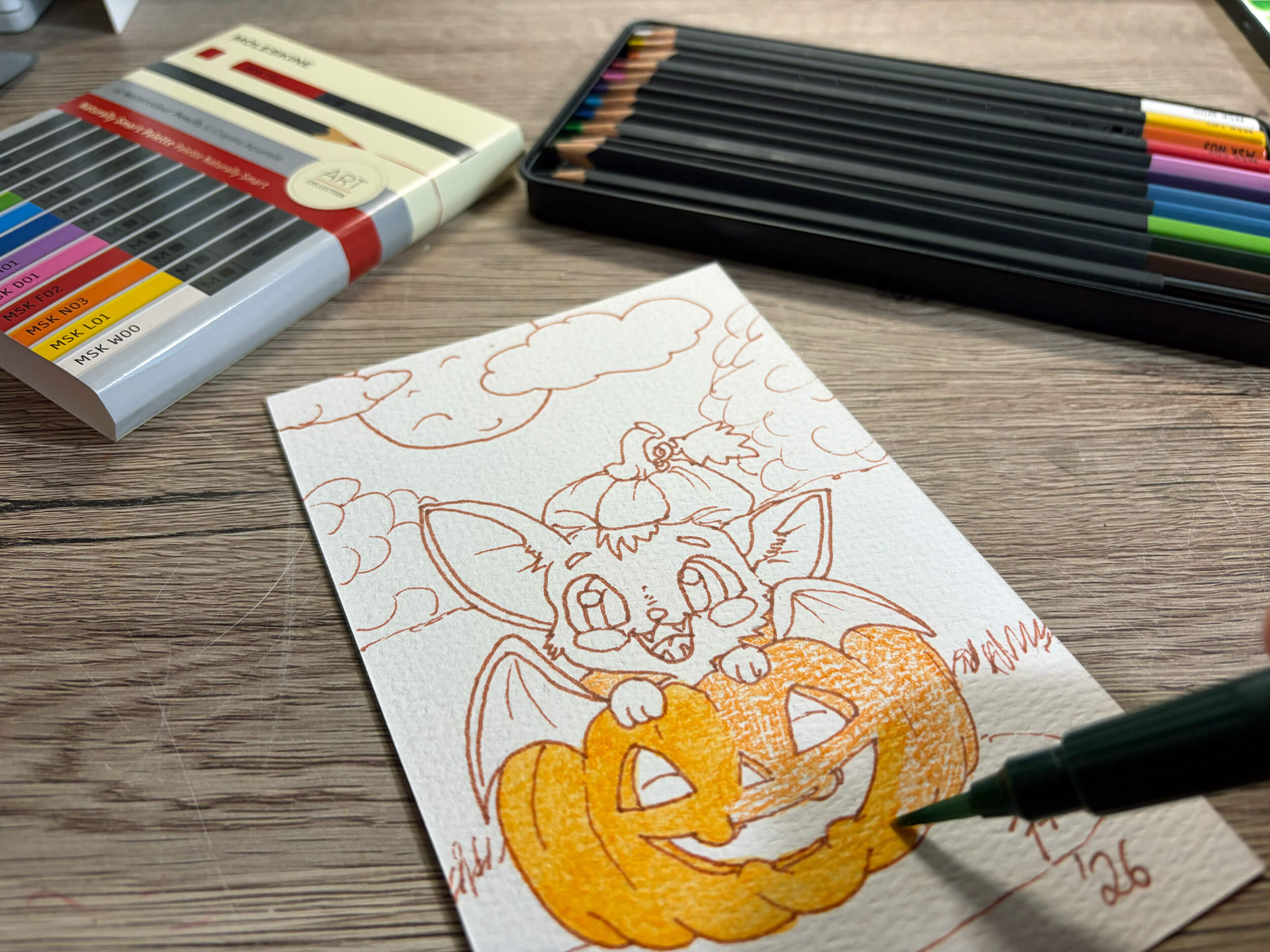 Postkarte: Fledermäuschen im Kürbis Aquarell malen