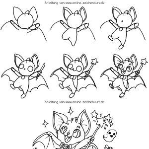 Schritt für Schritt Anleitung zum Zeichnen einer Halloween Fledermaus als Vampir mit Zauberstab