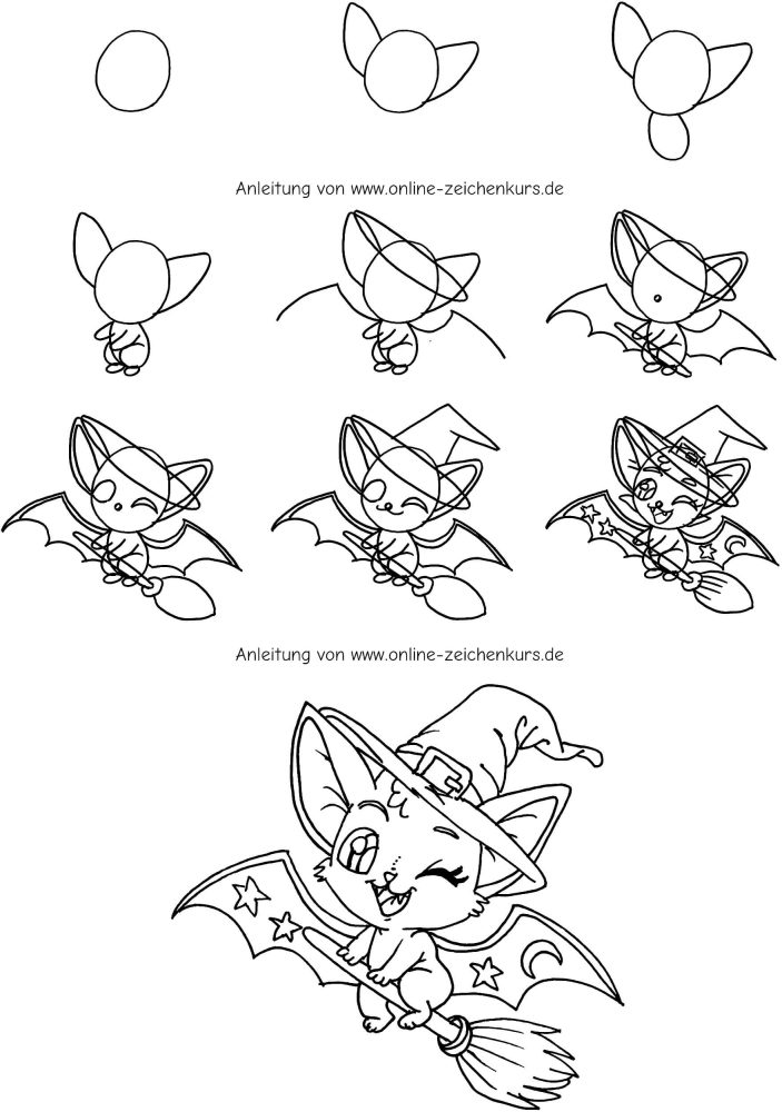 Halloween Fledermaus auf einem Hexenbesen Schritt für Schritt zeichnen